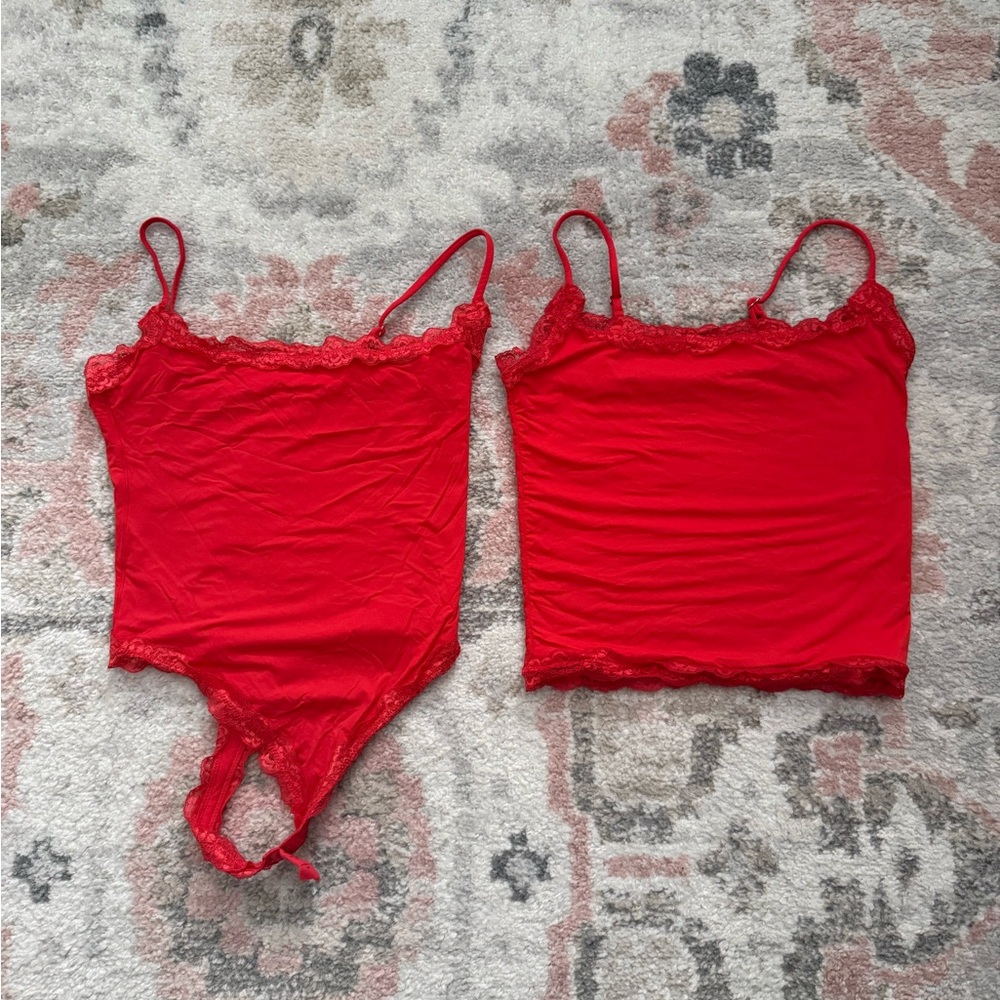 Red Lace Trim Camisole and Bodysuit Set